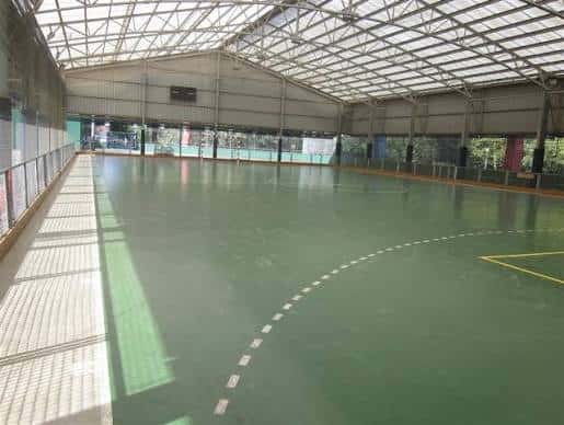 Pista deportiva interior con techo metálico y suelo verde