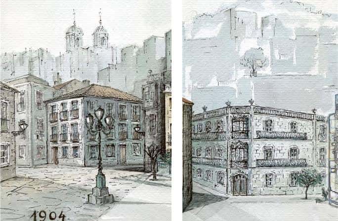 Vista arquitectónica del entorno urbano y edificios históricos de Vigo, incluyendo el colegio en 1904