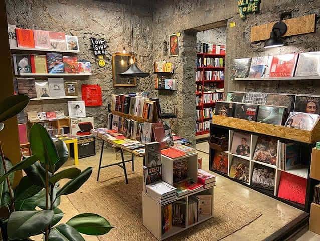 Detalle de los pasillos interiores con libros y decoración estilo industrial