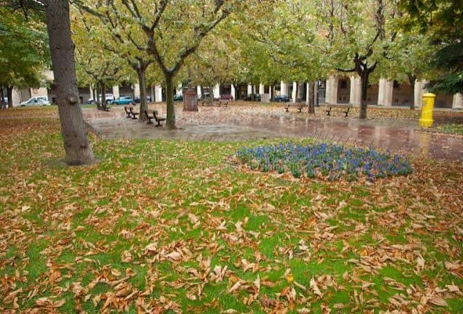 Plaza de Cervantes en Huesca con árboles y bancos bajo un cielo nublado