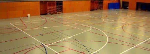 Pista deportiva interior con líneas para múltiples deportes y paredes de madera
