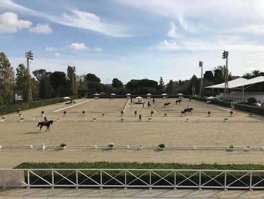 Vista panorámica de las pistas de equitación del Real Club de Polo con caballos en entrenamiento