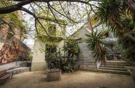 Jardín exterior con vegetación y zona de descanso