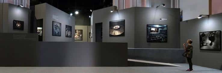 Vista panorámica del interior de la sala con exposiciones y paredes grises