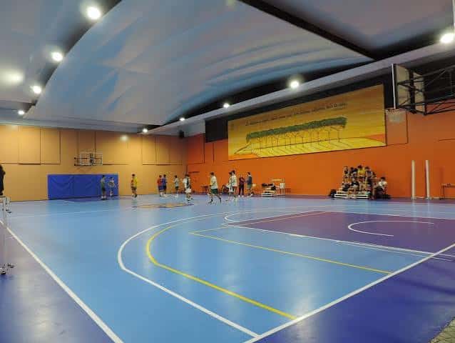 Interior del pabellón mostrando la cancha de juego y el techo curvo característico