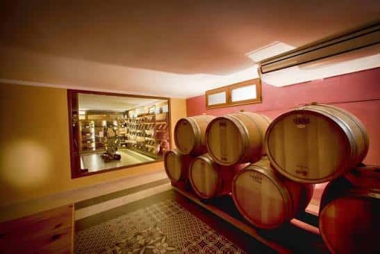 Sala de barricas con vista al interior de la vinoteca a través de un ventanal