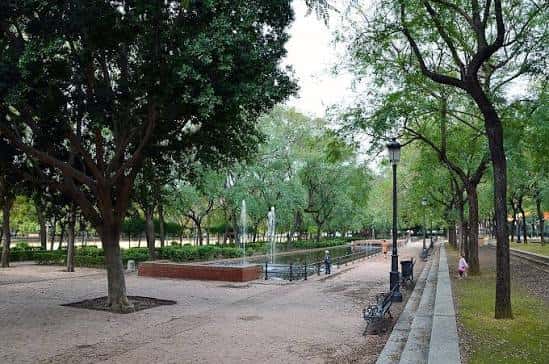 Paseo del jardín con fuente rectangular, bancos y árboles frondosos bajo cielo nublado