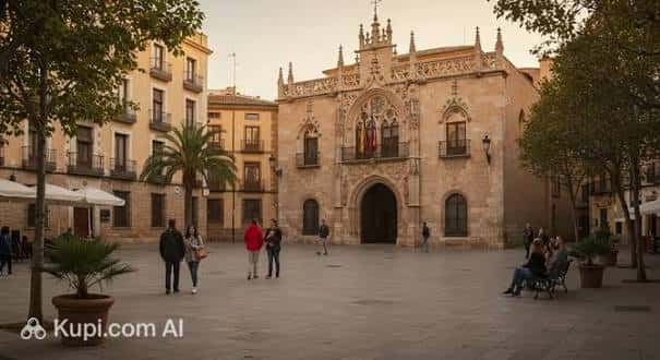 Plaza de las Aulas al atardecer con personas caminando y edificios históricos