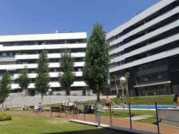Vista exterior de un edificio moderno con fachada blanca y árboles en primer plano