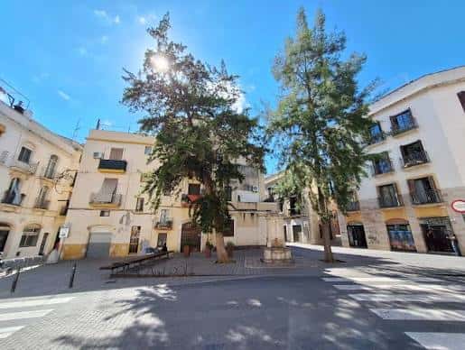 Vista panorámica de la Plaça del Pou con árboles y edificios históricos bajo un cielo azul