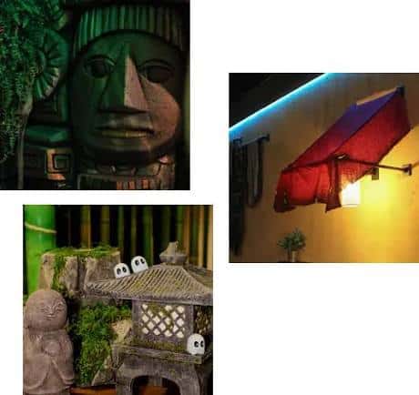 Decoración interior temática con estatuas, farolillo japonés y ambientación misteriosa