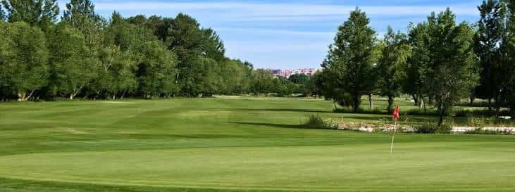 Amplio campo de golf rodeado de árboles en un día soleado