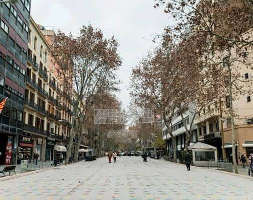 Vista panorámica de la Ronda de Sant Antoni con árboles y peatones