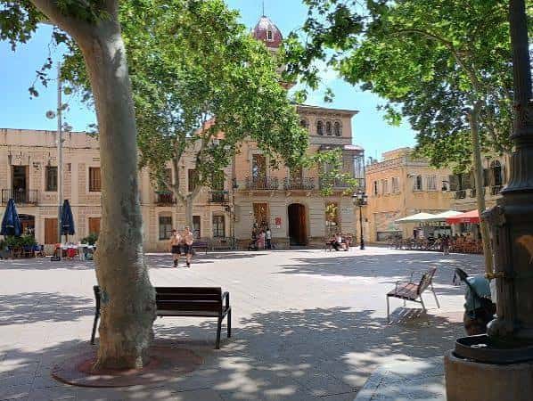 Área central de la plaza con bancos, sombra de árboles y fachadas históricas, ideal para eventos al aire libre
