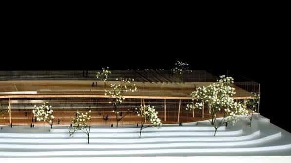 Modelo arquitectónico del Recinto Ferial de Cáceres con iluminación nocturna