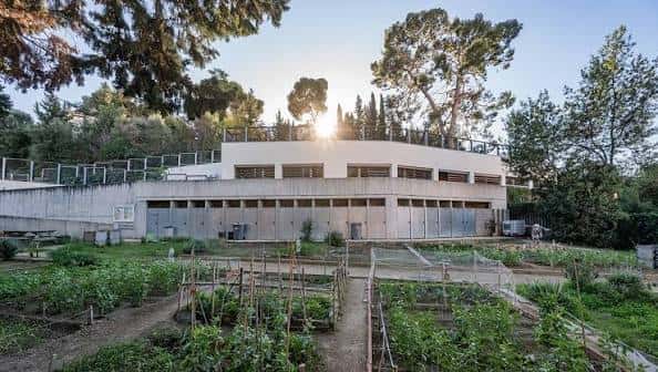 Vista exterior del Aula Ambiental Bosc Turull con huertos en primer plano al atardecer