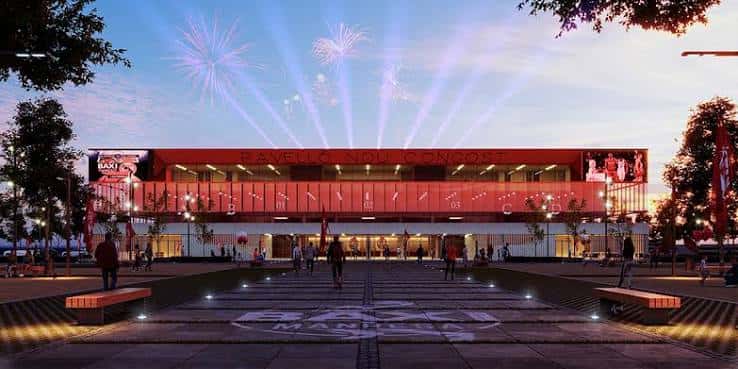 Vista exterior del Pavelló Nou Congost con fuegos artificiales