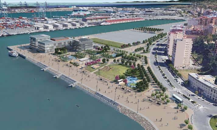 Render arquitectónico del Llano Amarillo mostrando el diseño urbano y la zona portuaria