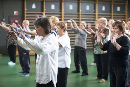 Grupo de personas mayores realizando una clase de gimnasia o tai chi en un salón deportivo