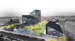 Render arquitectónico de la nueva sede y museo de Metro de Madrid en su entorno urbano