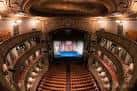 Interior del teatro con pantalla proyectada en el escenario