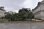 Jardines del Pazo Provincial con edificios clásicos en un día nublado