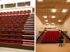 Interior de auditorio con butacas rojas y escenario