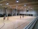 Interior de la pista deportiva del Pavillón Fontiñas con suelo de madera y gradas