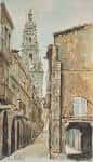 Ilustración artística de la Rúa do Vilar con la torre de la Catedral de Santiago al fondo.