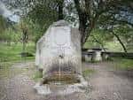 Fuente de piedra tradicional y área de picnic bajo los árboles