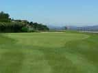 Green del campo de golf con bandera y paisaje de fondo