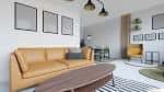 Espacio común con sofá de cuero amarillo y mesa de centro de madera