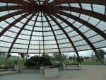 Interior de la cúpula geodésica con estructura de madera y techo transparente