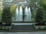 Fuente del Parque de San Lázaro con escalones y vegetación en primer plano