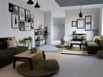 Sala de estar moderna con sofás verdes y decoración contemporánea