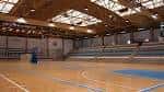 Interior del pabellón deportivo principal con cancha de madera y gradas