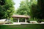 Pérgola de madera rodeada de césped y árboles, ideal para eventos al aire libre
