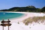 Playa de arena blanca con aguas cristalinas y vegetación en las Islas Cíes