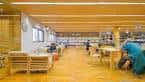 Interior moderno de la Biblioteca Municipal Monte Alto con estanterías y mesas de lectura