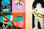 Detalle de los murales coloridos y la estatua del muñeco Michelin en Galería Maraca