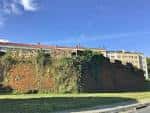 Vista exterior del Baluarte de Canido con vegetación y edificios al fondo