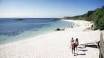 Playa de arena blanca con pasarela de madera y bañistas