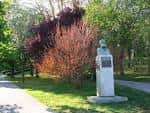 Estatua conmemorativa en un sendero arbolado del parque