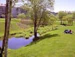 Estanque o riachuelo en el Parque de Galeras con áreas verdes y personas relajándose
