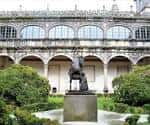 Patio interior del Colexio de Fonseca con estatua central y arcos