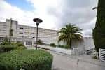 Fachada exterior del pabellón deportivo del IES Sánchez Cantón con vegetación