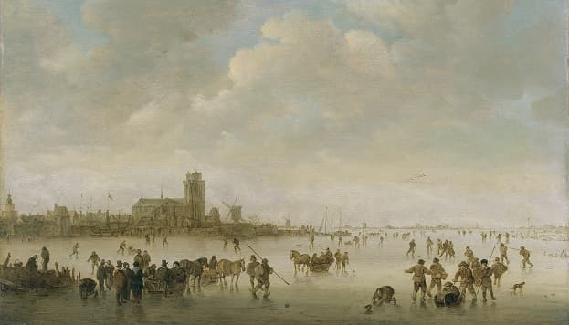 Paisaje invernal con figuras sobre el hielo