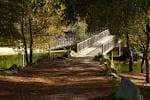 Puente de madera sobre un arroyo o estanque en el Parque Forestal Monte dos Pozos
