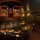 Interior de un local de música o 'listening bar' con grandes altavoces y mesas iluminadas con velas