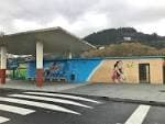 Exterior de un edificio del complejo deportivo con murales coloridos